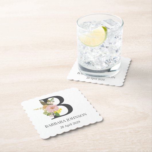 Blumenmonogramm Buchstabe B Benutzername und Datum Untersetzer (Vor Ort)