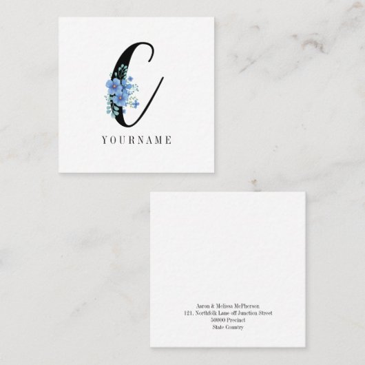 Blumenmonogramm C Blauer Blume Burst Quadratische Visitenkarte (Vorne/Hinten)