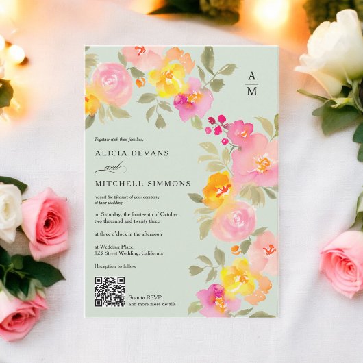 Blumenmonogramm Chic Qr Code Foto Grüne Hochzeit Einladung