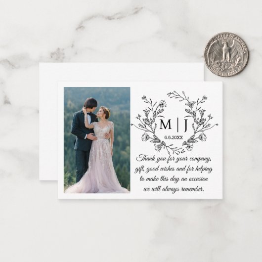 Blumenmonogramm danke Ihnen Hochzeit Foto Mitteilungskarte (Vorderseite/Rückseite Beispiel)