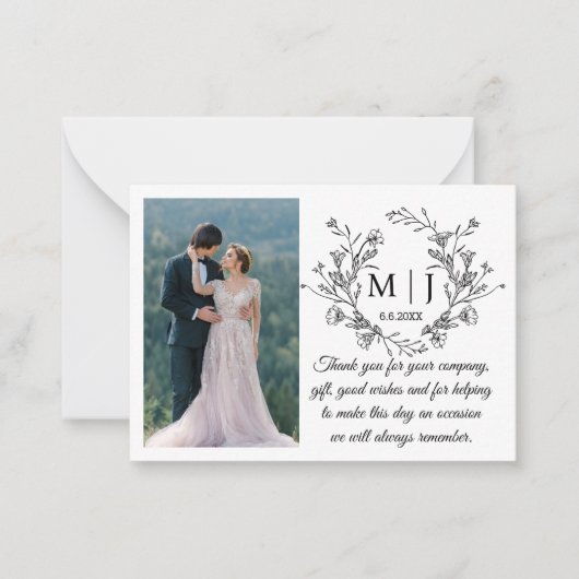 Blumenmonogramm danke Ihnen Hochzeit Foto Mitteilungskarte (Vorderseite)