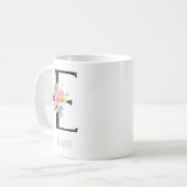Blumenmonogramm E Name Schwarz Polka Punkt Kaffeet Kaffeetasse (Vorderseite Links)