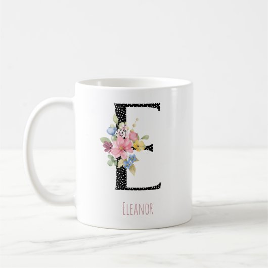 Blumenmonogramm E Name Schwarz Polka Punkt Kaffeet Kaffeetasse (Links)