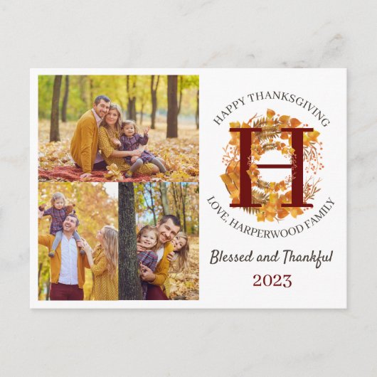 Blumenmonogramm-Erntedank-Foto-Collage Feiertagspostkarte (Vorderseite)