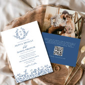 Blumenmonogramm Foto QR Code Navy Blue Wedding Einladung