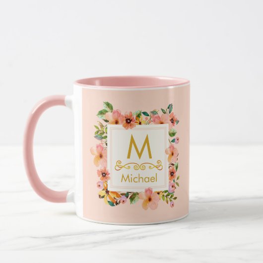 Blumenmonogramm I Benutzerdefinierter Name & Goldi Tasse (Links)