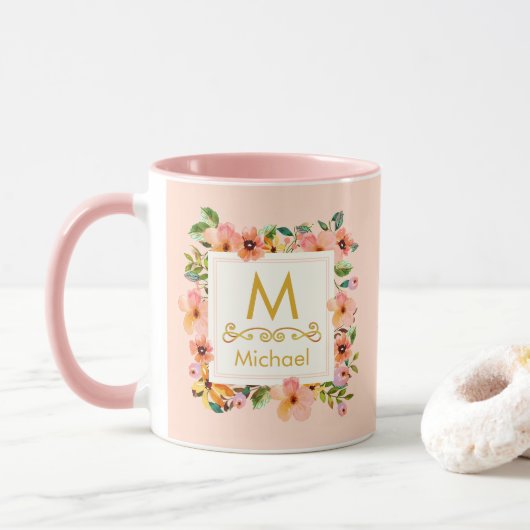 Blumenmonogramm I Benutzerdefinierter Name & Goldi Tasse (Mit Donut)
