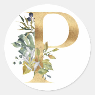Blumenmonogramm in Gold Classic-Rundaufkleber Runder Aufkleber