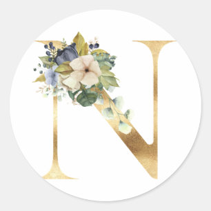 Blumenmonogramm in Gold Klassischer runder Aufkleb Aufkleber