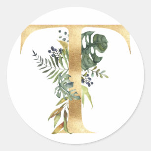 Blumenmonogramm in Gold Klassischer runder Aufkleb Aufkleber