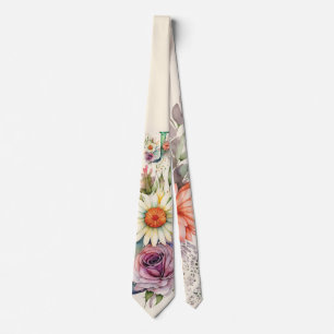 Blumenmonogramm "J" Aquarell-Rose-Daisy-Blumen Krawatte