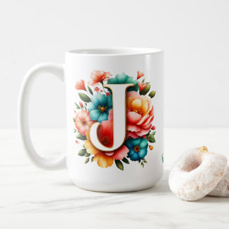 Blumenmonogramm J mit Pastellblumen Kaffeetasse