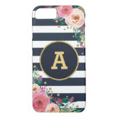 Blumenmonogramm-Marine-Gold Stripes iPhone 7 Case-Mate iPhone Hülle (Rückseite)
