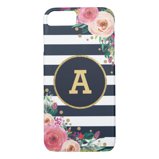 Blumenmonogramm-Marine-Gold Stripes iPhone 7 Case-Mate iPhone Hülle (Rückseite)