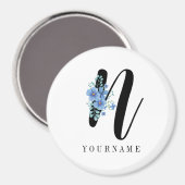 Blumenmonogramm N Blauer Blume Burst Magnet (Vorderseite/Rückseite)
