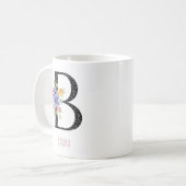 Blumenmonogramm Name B Schwarz Polka Punkt Kaffeetasse (Vorderseite Links)