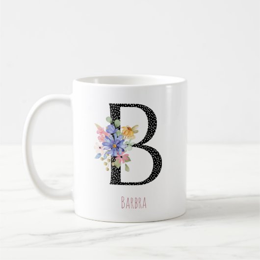 Blumenmonogramm Name B Schwarz Polka Punkt Kaffeetasse (Links)