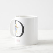 Blumenmonogramm Name D Schwarze Polka-Dot-Tasse Kaffeetasse (Vorderseite Links)