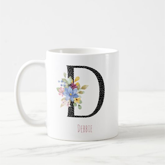 Blumenmonogramm Name D Schwarze Polka-Dot-Tasse Kaffeetasse (Links)