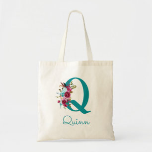 Blumenmonogramm Q Schrift Teal Rosa Tragetasche