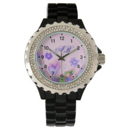 Blumenmonogramm-Uhr | Blaue Wildblumen mit Strasss Armbanduhr