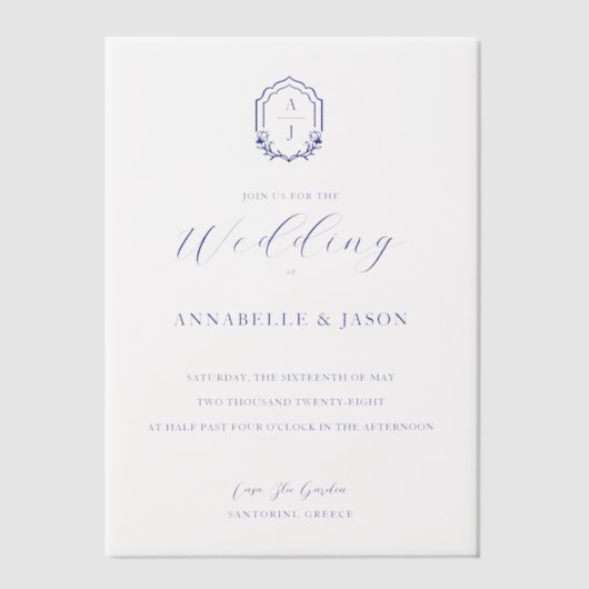 Blumenmonogramm-Wappen Minimal Elegante Hochzeit Pergament Einladungen (Vorderseite)