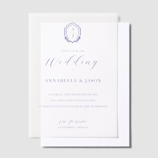 Blumenmonogramm-Wappen Minimal Elegante Hochzeit Pergament Einladungen (Versetzt)