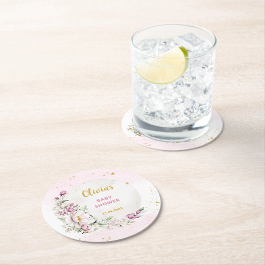 Blumenmoon Pink Babydusche Runder Pappuntersetzer (Vor Ort)