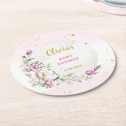 Blumenmoon Pink Babydusche Runder Pappuntersetzer (Angewinkelt)