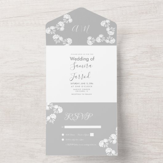 Blumenmotif Gray White Wedding All In One Einladung (Innen Boden)