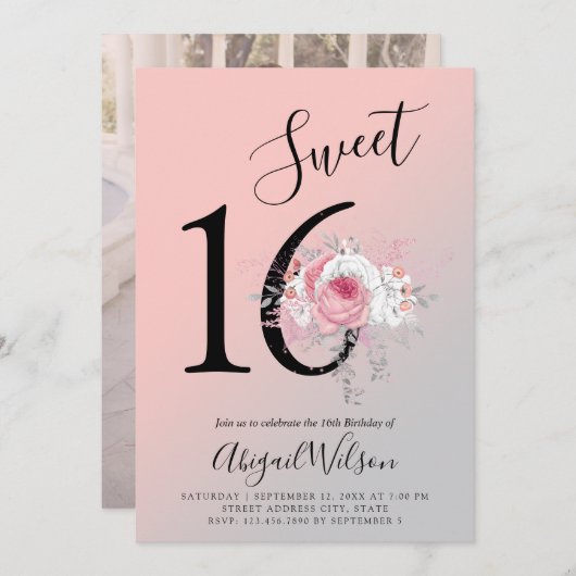 Blumenmotiv 16 . Geburtstag Geburtstagsparty Einladung (Vorne/Hinten)