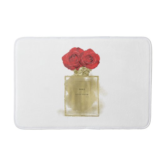 Blumenmotiv Parfüm Flasche Rote Rosen Gold Glam Badematte (Vorderseite)