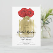 Blumenmotiv Parfüm Flasche Rote Rosen Gold Glam Einladung (Stehend Vorderseite)