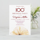 Blumenmuster 100. Geburtstag, elegantes Gelbblüten Einladung (Stehend Vorderseite)