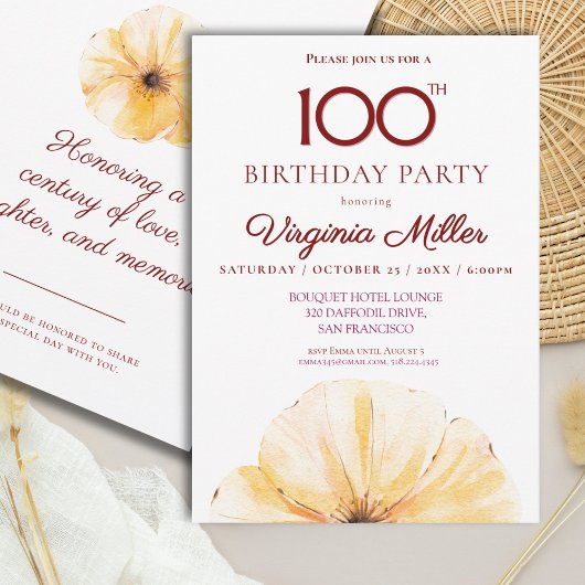Blumenmuster 100. Geburtstag, elegantes Gelbblüten Einladung