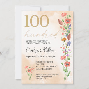 Blumenmuster 100. Geburtstag - Goldene Wildblumen Einladung