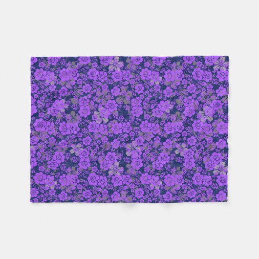 Blumenmuster 15.Lila.b DBlue BG Fleecedecke (Vorderseite (Horizontal))