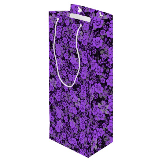 Blumenmuster 15.Lila.b Schwarze BG Geschenktüte Für Weinflaschen (Rückseite Schrägansicht)