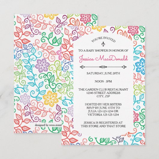 Blumenmuster - 3x5 Kinderdusche Einladung (Vorne/Hinten)