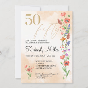 Blumenmuster 50. Geburtstag - Elegantes Wasserfarb Einladung