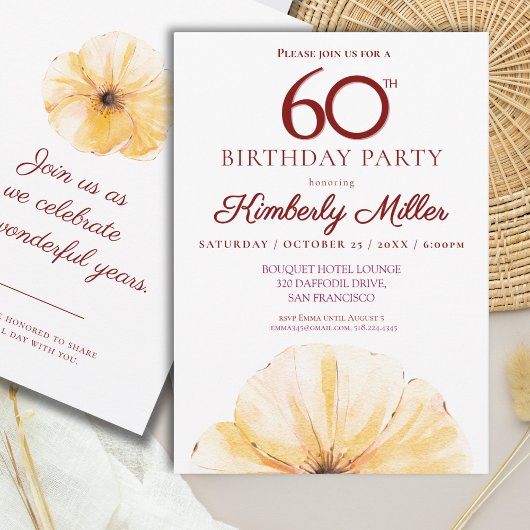 Blumenmuster 60. Geburtstag - Elegantes Gelbblüten Einladung