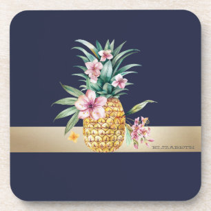 Blumenmuster Ananas, Goldstreifen Getränkeuntersetzer