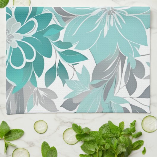 Blumenmuster, Aqua, Aquamarin, Türkis und Grau Geschirrtuch (Gefaltet)