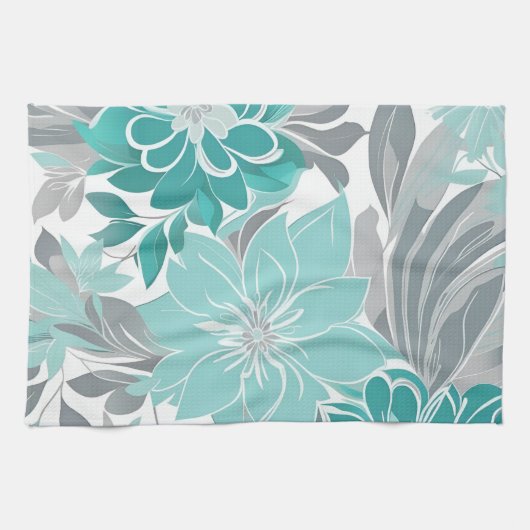 Blumenmuster, Aqua, Aquamarin, Türkis und Grau Geschirrtuch (Horizontal)