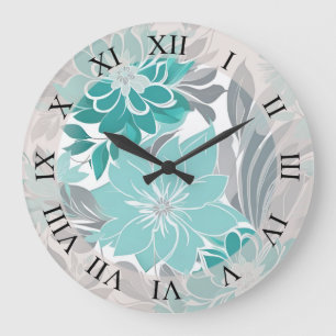 Blumenmuster, Aqua, Aquamarin, Türkis und Grau Große Wanduhr