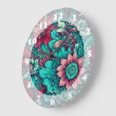 Blumenmuster, Aqua, Aquamarin, Türkis und Grau Große Wanduhr (Winkel)