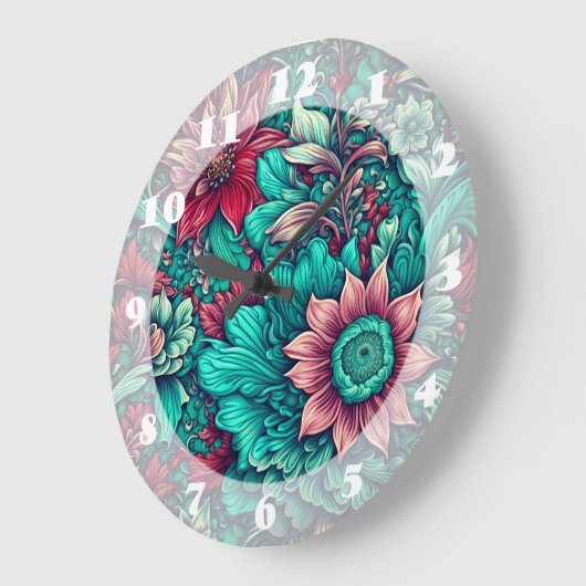 Blumenmuster, Aqua, Aquamarin, Türkis und Grau Große Wanduhr (Winkel)