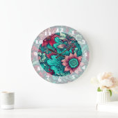 Blumenmuster, Aqua, Aquamarin, Türkis und Grau Große Wanduhr (Zuhause)