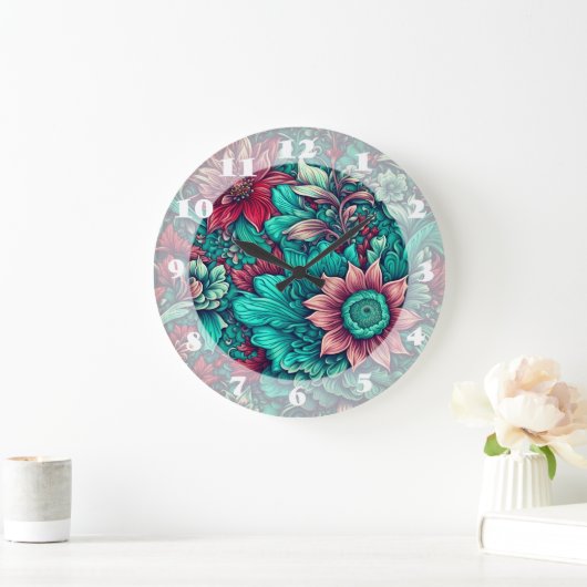 Blumenmuster, Aqua, Aquamarin, Türkis und Grau Große Wanduhr (Zuhause)