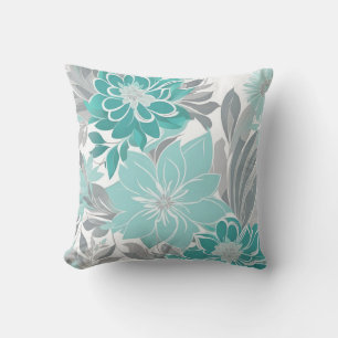 Blumenmuster, Aqua, Aquamarin, Türkis und Grau Kissen